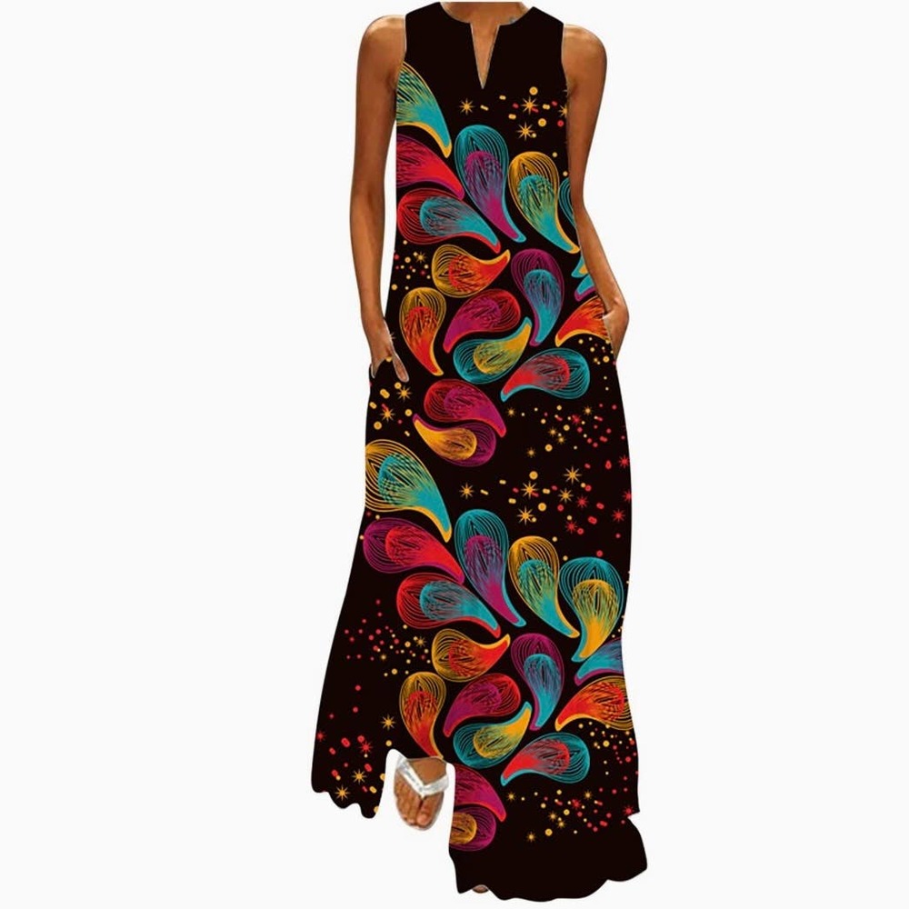 Colorful Maxi Dress Colorful Print Pullover Packable Travel Sleeveless